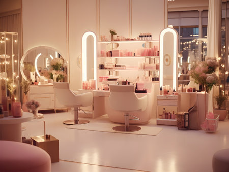 Beauty salon interior with makeup products and accessories. 3d renderingの素材