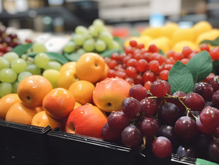 Fruits on the counter in the supermarket. Selective focus.の素材