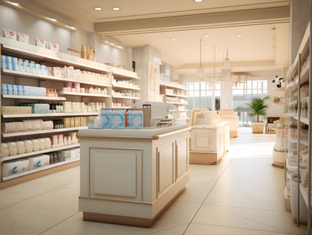 Interior of a modern drugstore. 3d rendering, 3d illustration.の素材