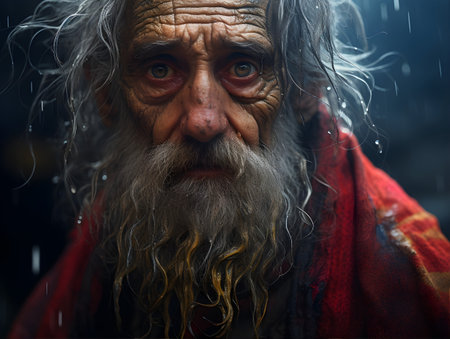 Portrait of an old beggar with long gray hair and beard.の素材