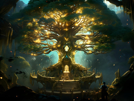 3D Illustration of a Fantasy Landscape with a Tree and a Manの素材