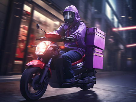 Man in a motorcycle helmet with a backpack on his back. 3d renderingの素材