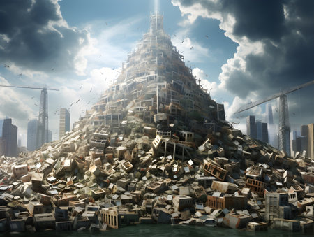 Conceptual image of a huge pile of books in the skyの素材
