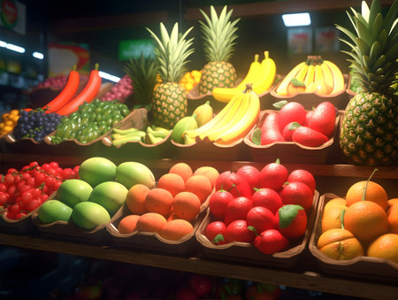 Fruits and vegetables on the counter in the supermarket. Healthy food.の素材