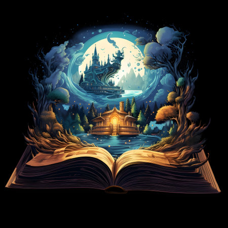 Magic book with magic forest and church on the lake. Vector illustration.の素材