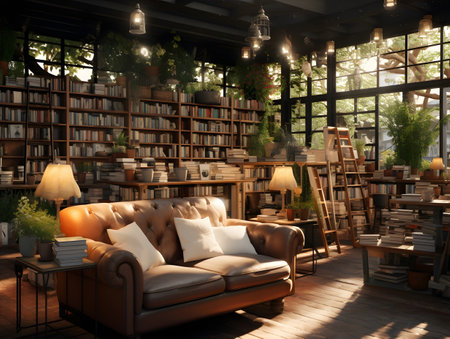 3D rendering of a living room interior with a sofa and bookshelvesの素材