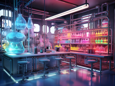 3D rendering of a chemical laboratory with lab glassware and test tubesの素材