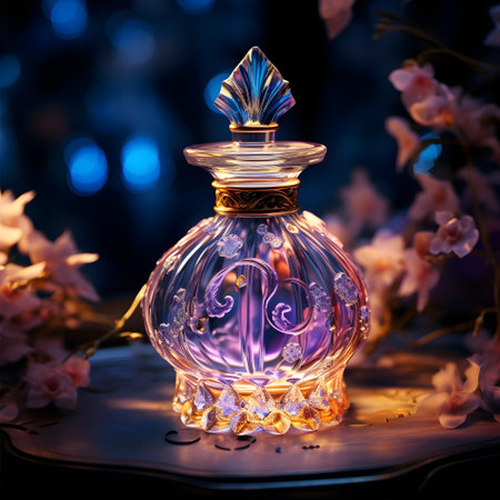 Bottle of perfume with flowers on dark background. Selective focus.の素材