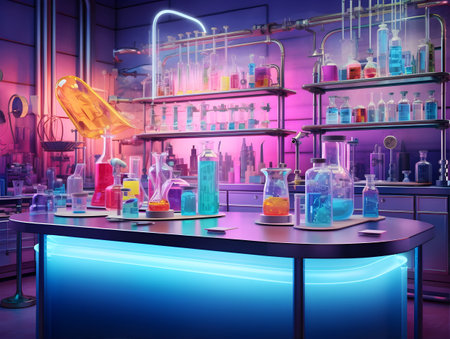 3d render of chemical laboratory with flasks, test tubes and other equipmentの素材