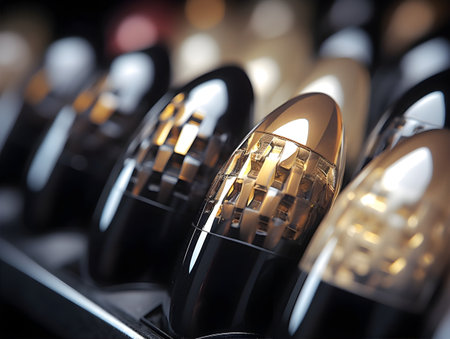 Close up of a row of makeup brushes in a beauty salon.の素材