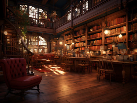 3D rendering of a vintage library with bookshelves and tablesの素材