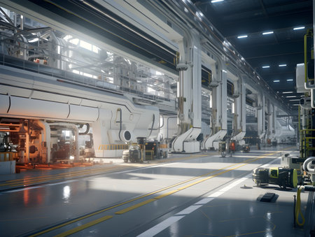 3d rendering of a factory interior with conveyor belts and equipmentの素材