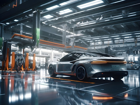 3D rendering of a brand-less generic concept car in a factoryの素材