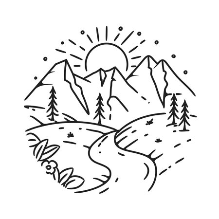 Outline mountain landscape with river and sun. Hand drawn vector illustrationのイラスト素材