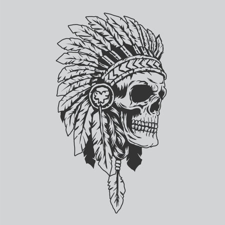 Skull with indian chief headdress. Vector illustration in sketch style.のイラスト素材