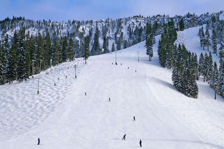 Snow slopes with skiers and lifts