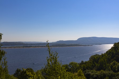 river volga and blue sky  background.の写真素材