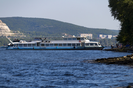 pleasure boat moored to the bank of the volgaの写真素材