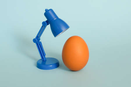 A table lamp breathes life into an egg. Pastel blue background.の写真素材