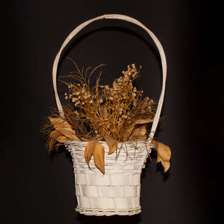 Basket with withered flowers. A hint of autumn on a black background.の写真素材