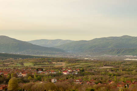 Panorama from the vicinity of Nis, Serbia. Beautiful spring morning in Gornji Matejevac. At sunrise.の写真素材