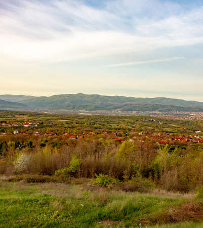 Panorama from the vicinity of Nis, Serbia. Beautiful spring morning in Gornji Matejevac. At sunrise.の写真素材