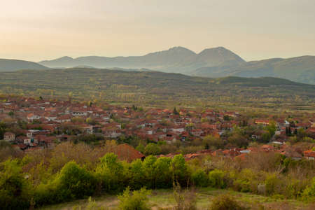 Panorama from the vicinity of Nis, Serbia. Beautiful spring morning in Gornji Matejevac. At sunrise.の写真素材