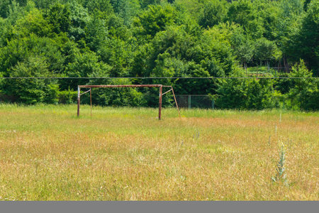 Abandoned pitch with rusty goals. Consequence of the white plague.の写真素材