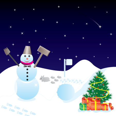 christmas night with snowmanのイラスト素材