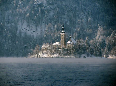 Winter view of the Church of the Assumption on Bledの写真素材