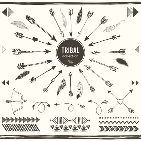 Hand drawn ethnic collection with feathers, border, arrows, ethnic elements for design. Vector set with tribal, indian, aztec, hipster, boho elements.のイラスト素材