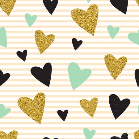 Gold glittering heart confetti seamless pattern on striped background.のイラスト素材