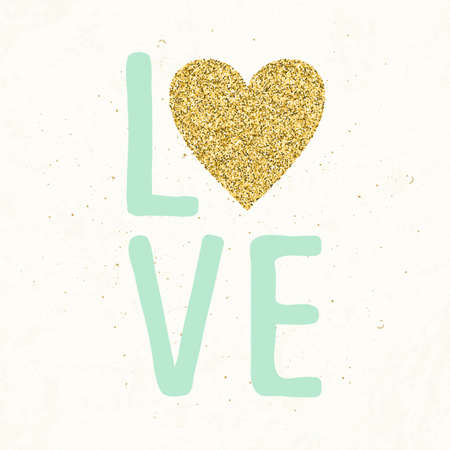 Hand drawn typography card. Gold glittering heart.  Poster with hand romantic lettering.のイラスト素材