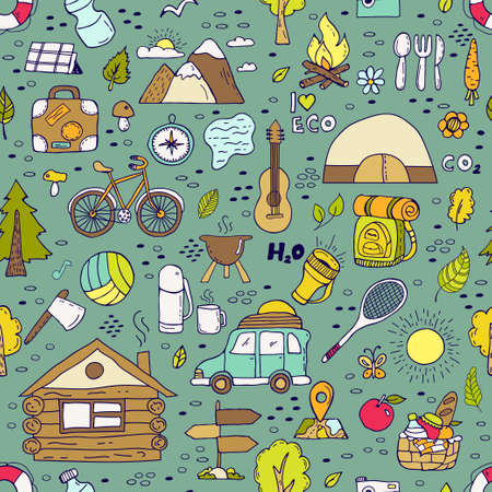 Seamless pattern of hand drawn camping equipment symbols. Vacation design illustration.のイラスト素材