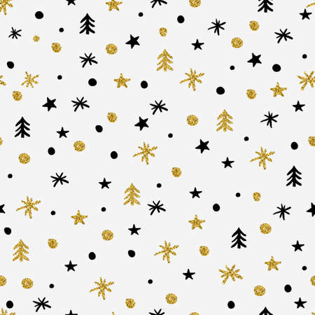 Winter elements with gold glitter. Hand drawn vector illustration. Wrapping paper Christmas.のイラスト素材