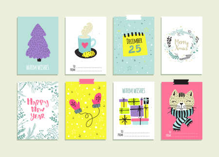 Xmas posters collection. Vector illustration. New Year and winter holiday symbols.のイラスト素材