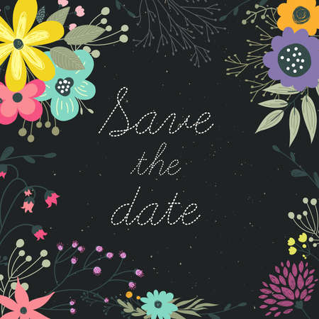 Vector wreath with pastel flowers and save the date lettering. Vector illustration.のイラスト素材