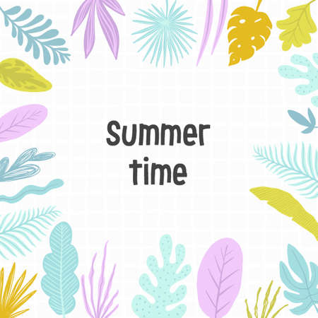 Hello summer tropical banner with jungle leaves and palm fronds.のイラスト素材