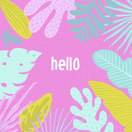 Hello summer tropical banner with jungle leaves and palm fronds.のイラスト素材