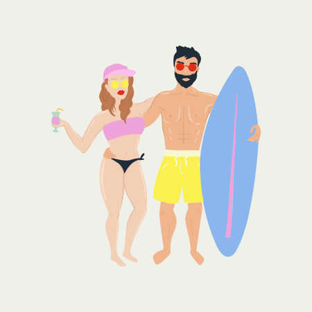 Summer beach poster with surfer boy and girl.