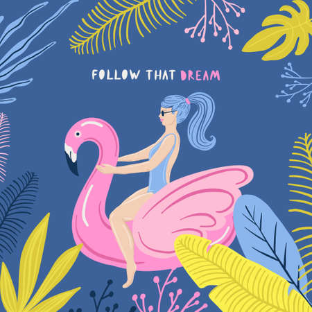 People swimming, relax. Vector retro cartoon illustration, trendy style. Follow that dreamのイラスト素材