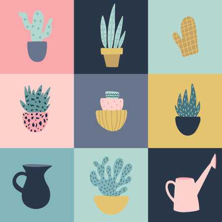 Vector illustration of gardening elements. Beautiful print with home plants.のイラスト素材