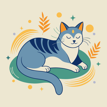 Vector illustration of a cute cat on a colored background with leaves.のイラスト素材