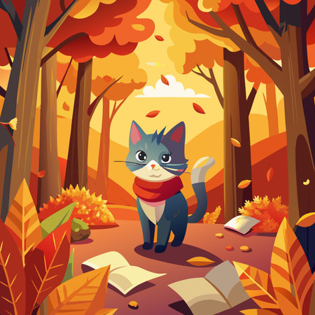Cute cat reading book in autumn forest. Vector cartoon illustration.のイラスト素材