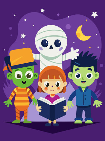 Cute kids reading a book at night. Vector illustration.のイラスト素材
