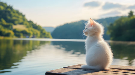 Cute white kitten sitting on a wooden pier by the lake.の素材