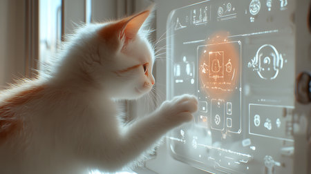 Cute cat looking at smart home interface on the window, closeupの素材