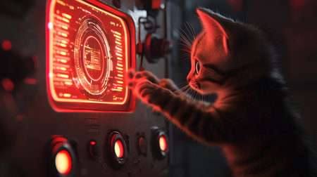 Cute red cat is playing on a control panel. This is a 3d render illustrationの素材