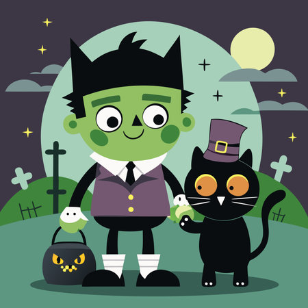 Halloween vector illustration in flat design style. Cute cartoon vampire and cat.のイラスト素材