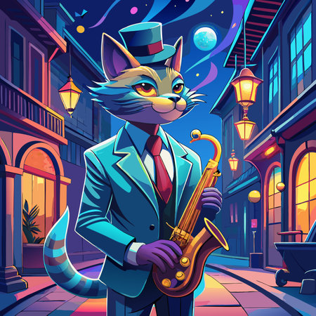 Vector illustration of a cat in a suit with a saxophone in the city.のイラスト素材